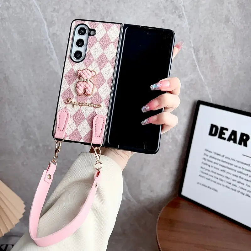 Argyle Charm Teddy Sling Phone Case - Samsung