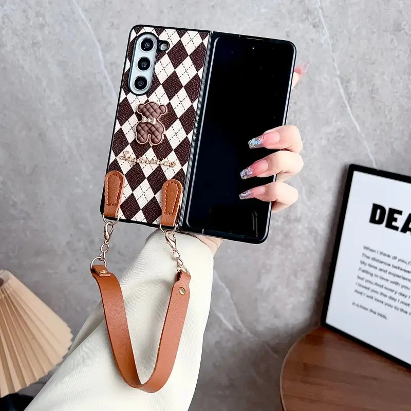Argyle Charm Teddy Sling Phone Case - Samsung