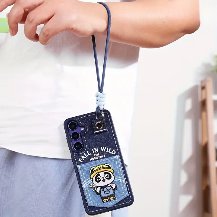 Denim Embroidery Card Holder Strap Case - Samsung
