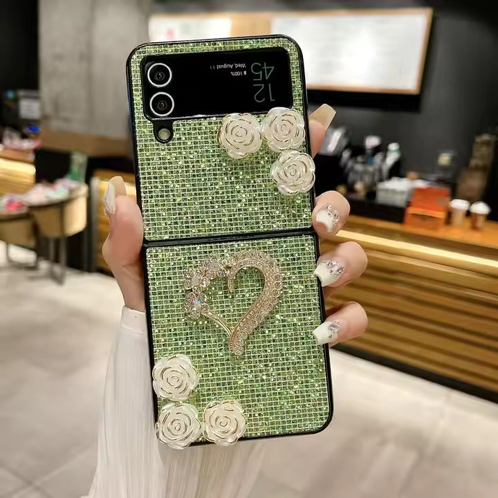 Shiny Heart & Flower Glitter Phone Case - Samsung