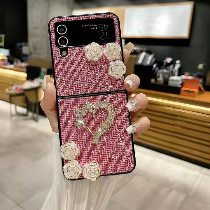 Shiny Heart & Flower Glitter Phone Case - Samsung