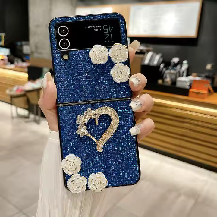Shiny Heart & Flower Glitter Phone Case - Samsung