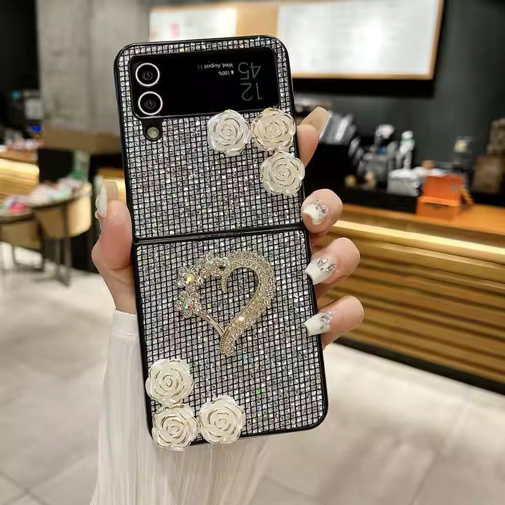 Shiny Heart & Flower Glitter Phone Case - Samsung