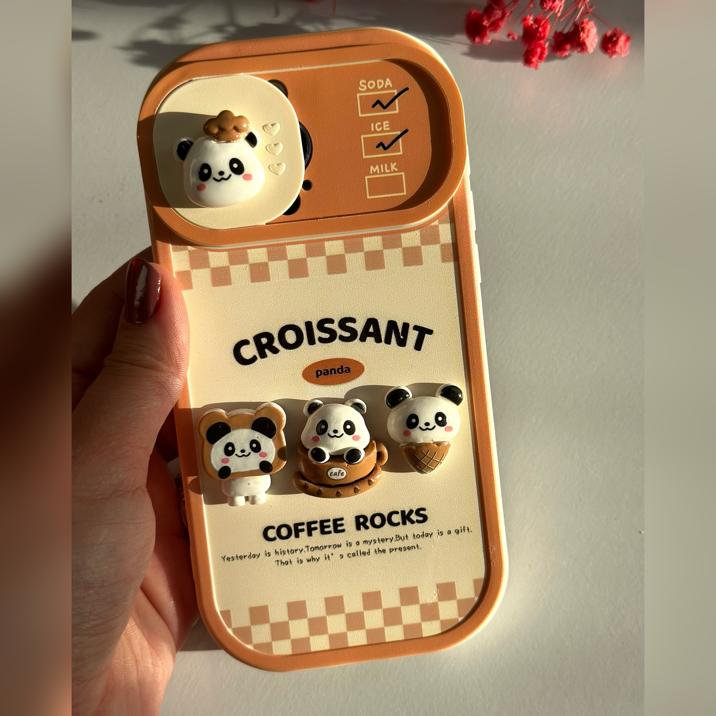 3D Panda Café Croissant & Coffee Charm Case
