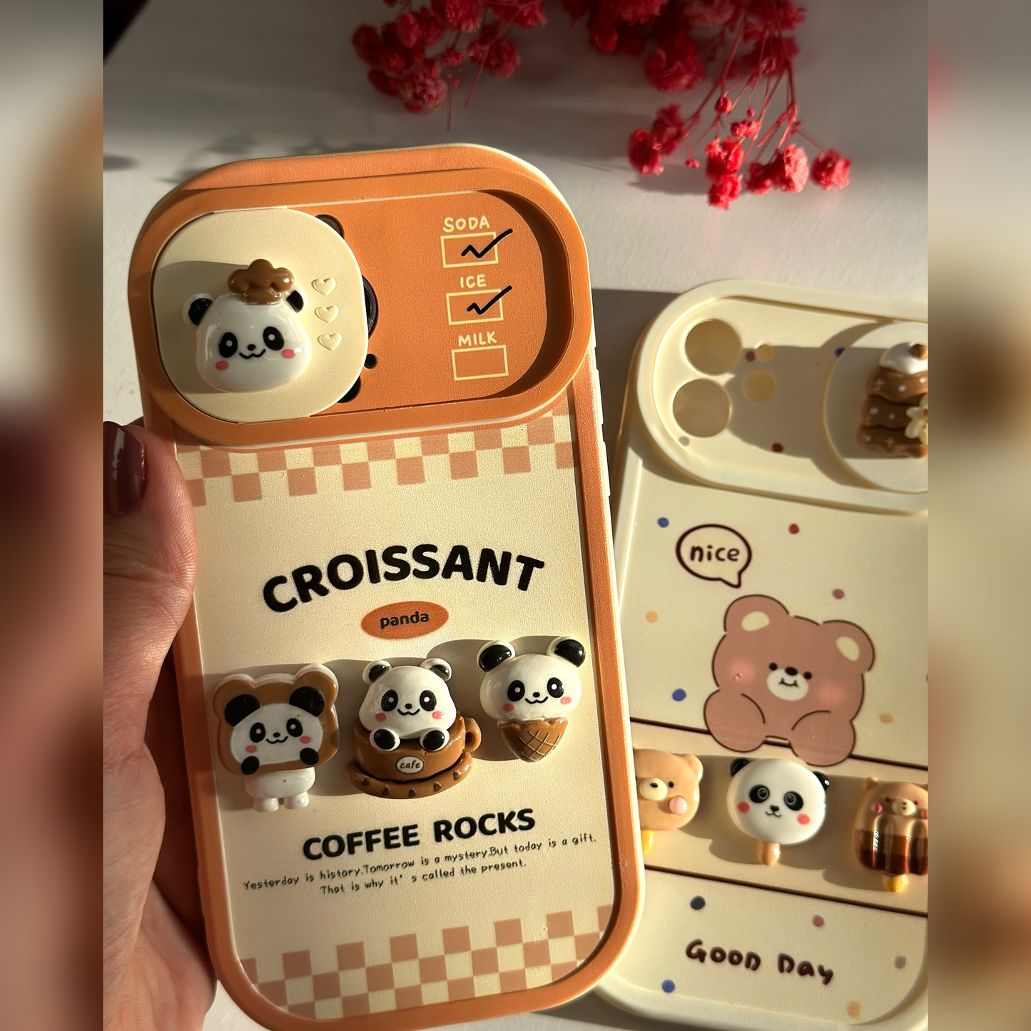 3D Panda Café Croissant & Coffee Charm Case