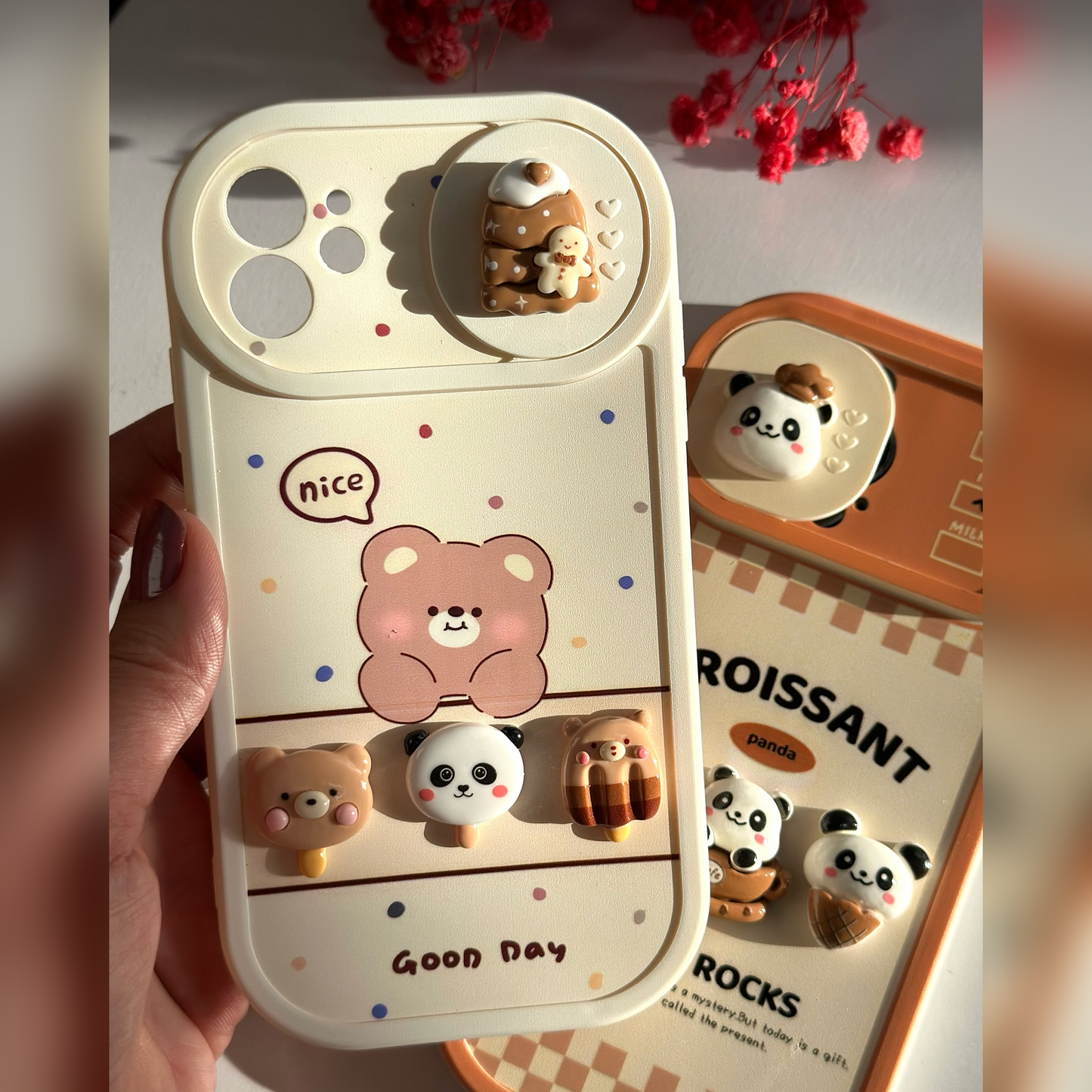 3D Panda Café Croissant & Coffee Charm Case