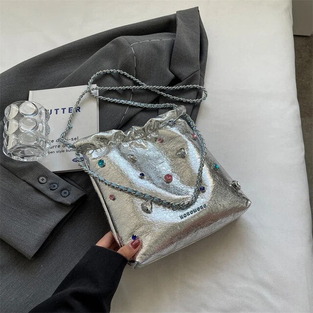 Diamond Crossbody Leather Bucket Bag