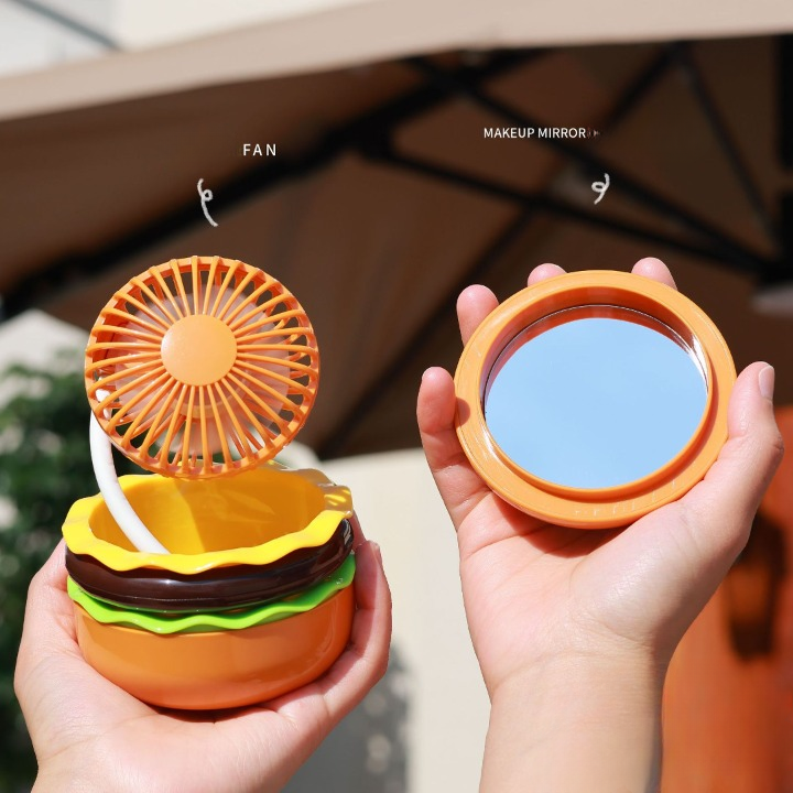Cartoon Burger Desktop Mini Fan With Mirror