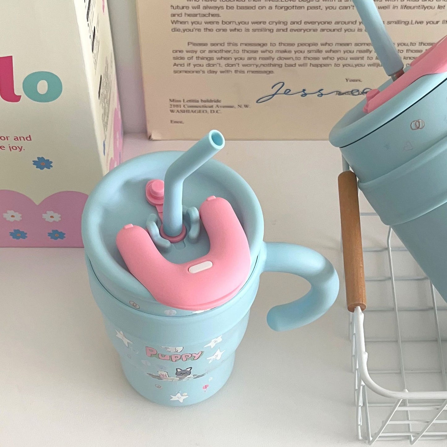 Cute Puppy Large Water Cup with Straw