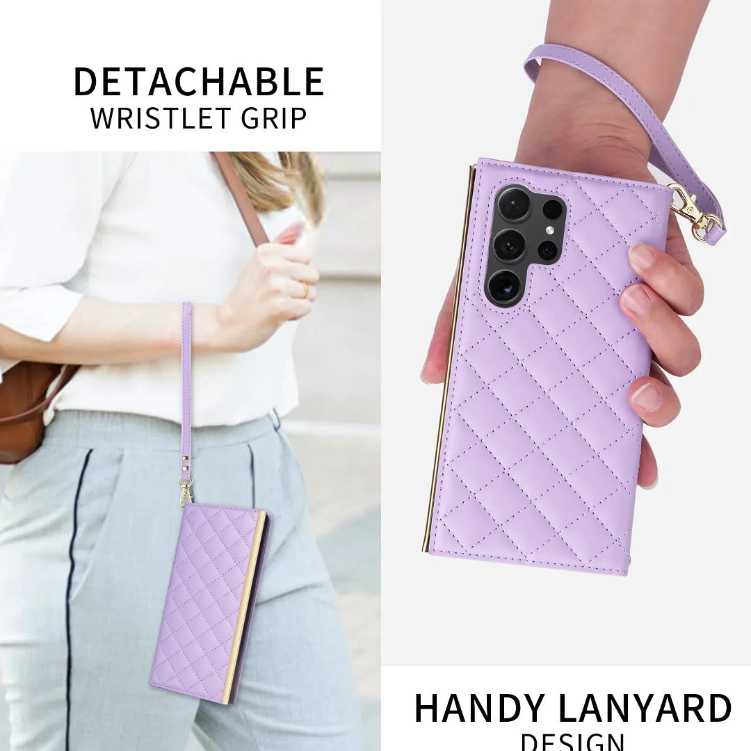 Elegant Quilted Wallet Phone Case with Strap - Samsung
