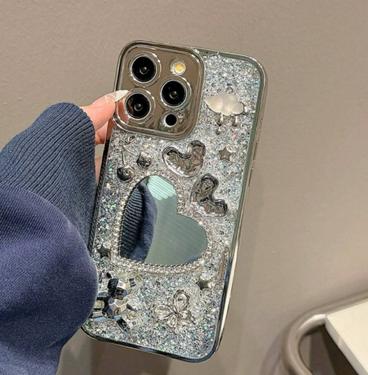 Silver Heart Mirror Rhinestone Case