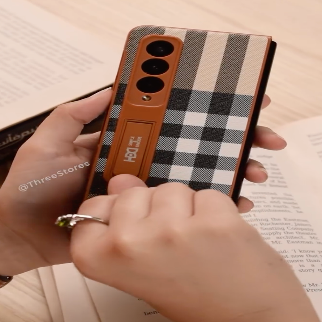 Galaxy Z Fold6 -Plaid Checkered Leather Kickstand Case