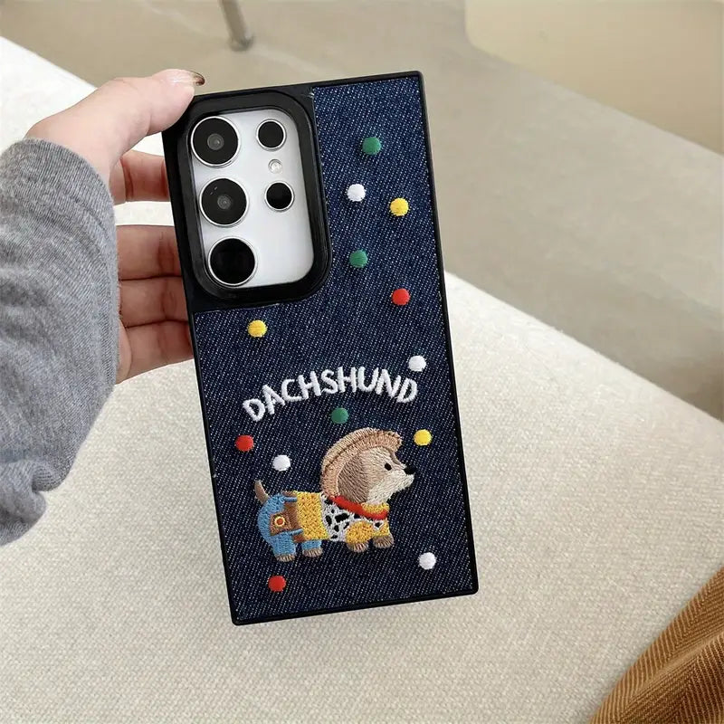Denim Dachshund Embroidered Phone Case - Samsung