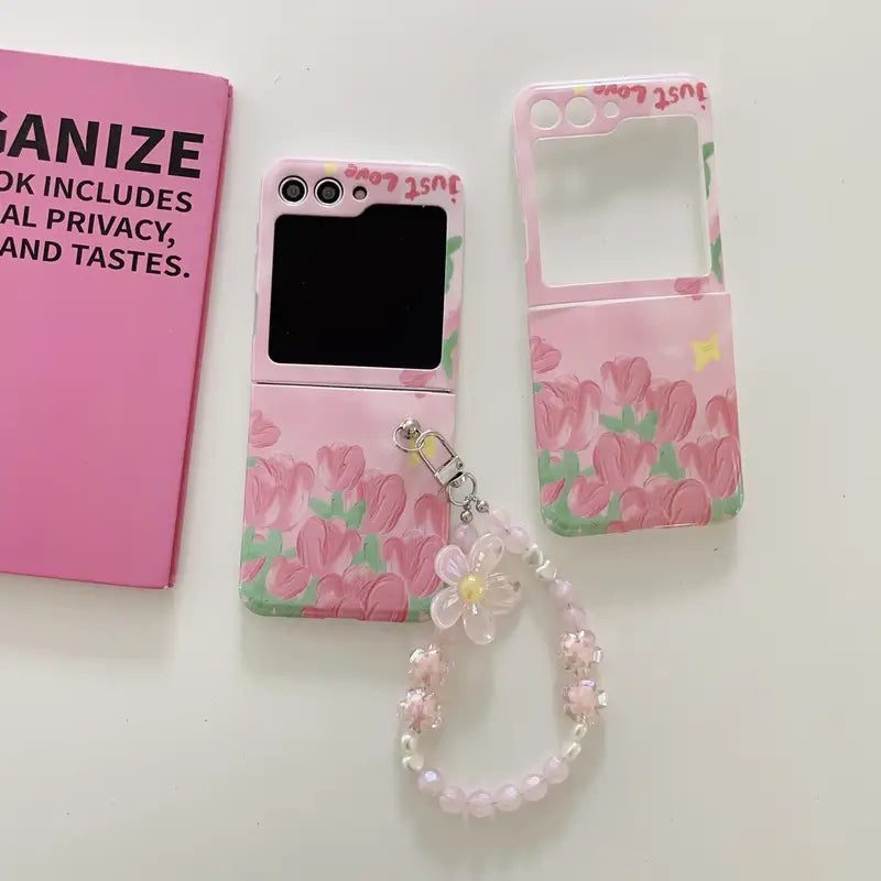 Chic Floral Foldable Case with Beaded Bracelet - Samsung