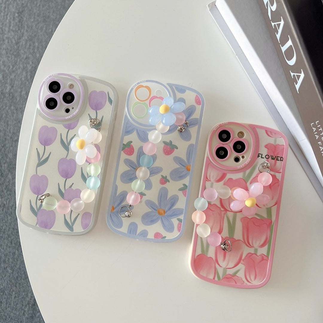 3D Blossom Pattern Case with Charm Strap