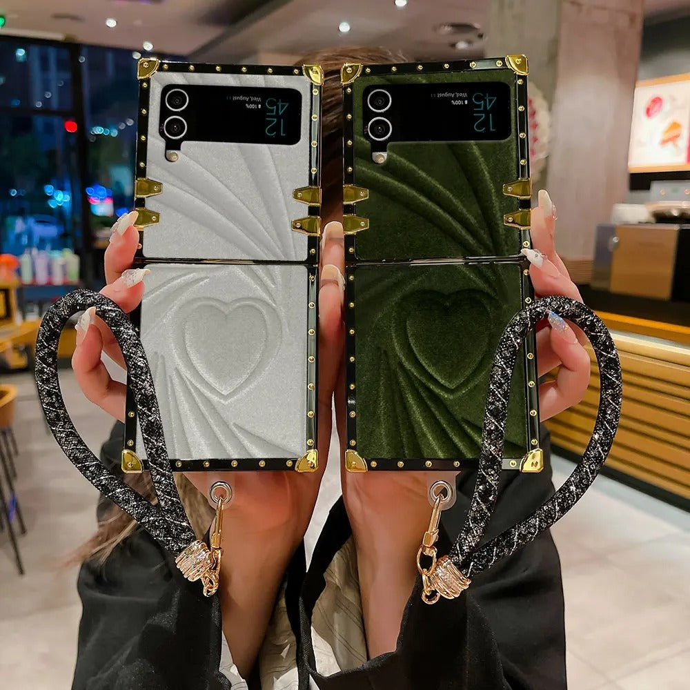 Fuzzy Heart Plating Case With Strap - Samsung