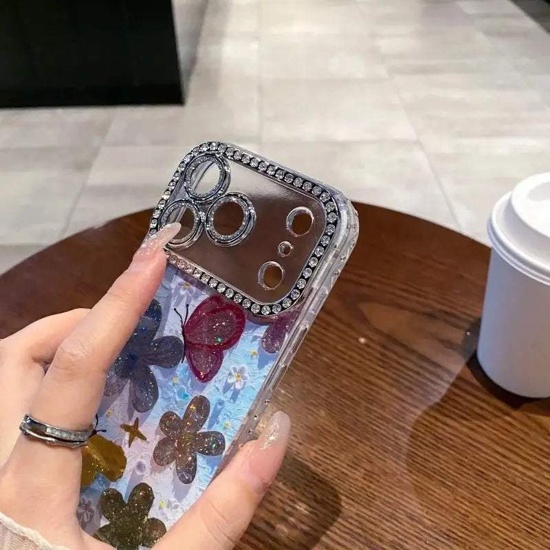 Luxury Butterfly Flowers Diamond Frame Case
