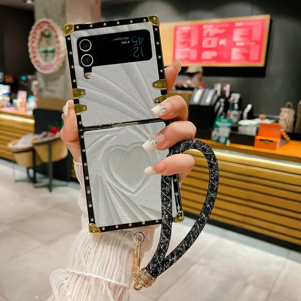 Fuzzy Heart Plating Case With Strap - Samsung