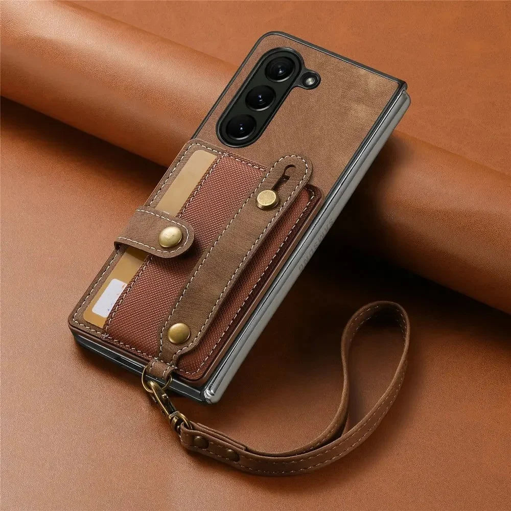 Galaxy Z Fold Series Wrist Strap Leather Wallet Case