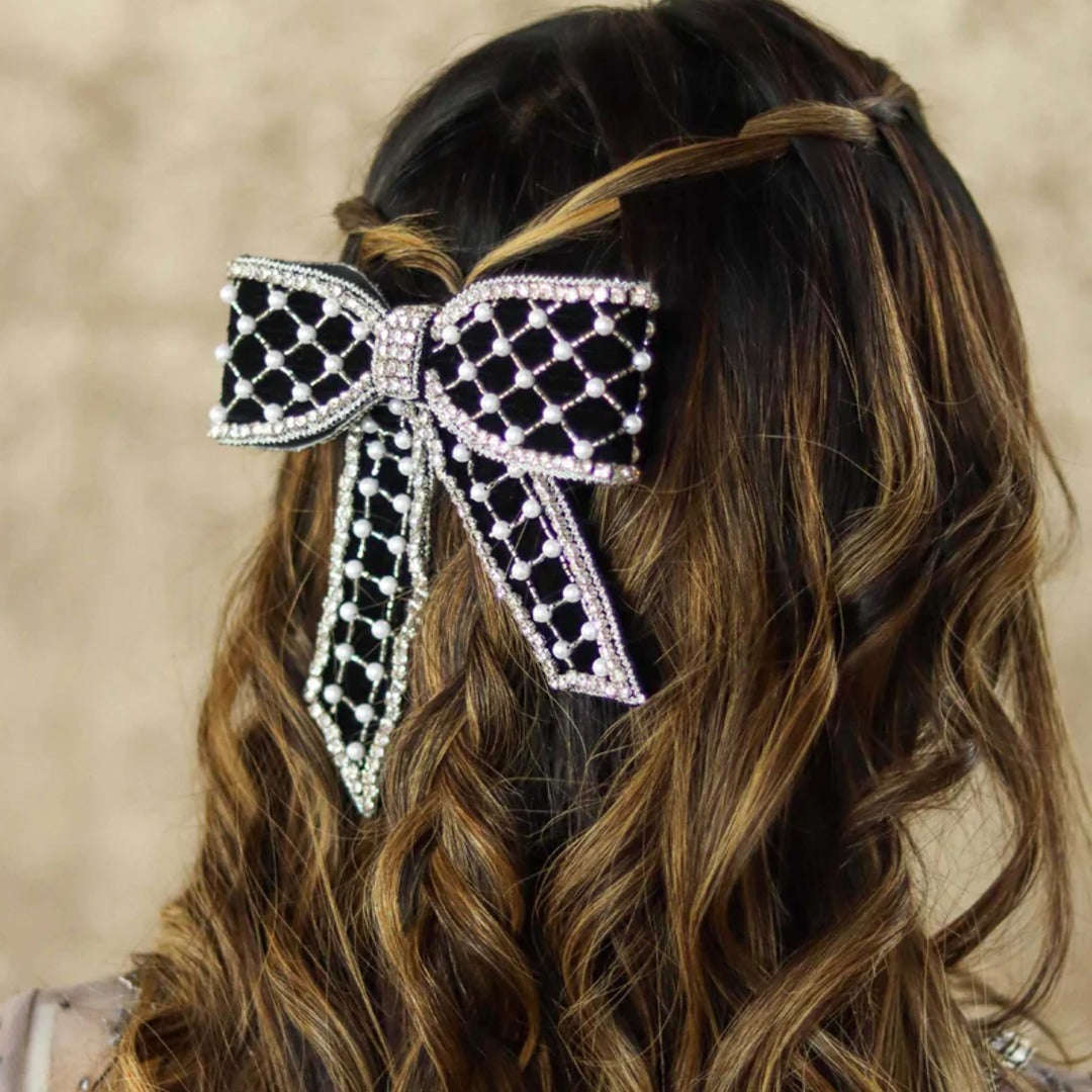 Glamorous Black Velvet Hair Bow with Accents