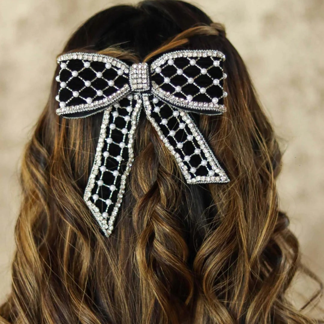 Glamorous Black Velvet Hair Bow with Accents