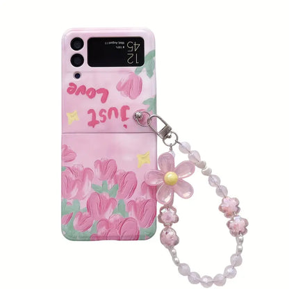 Chic Floral Foldable Case with Beaded Bracelet - Samsung