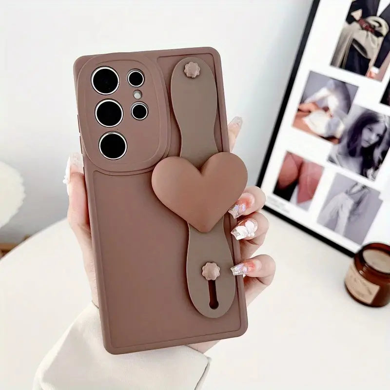 3D Love Brown Khaki Wrist Strap Phone Case - Samsung