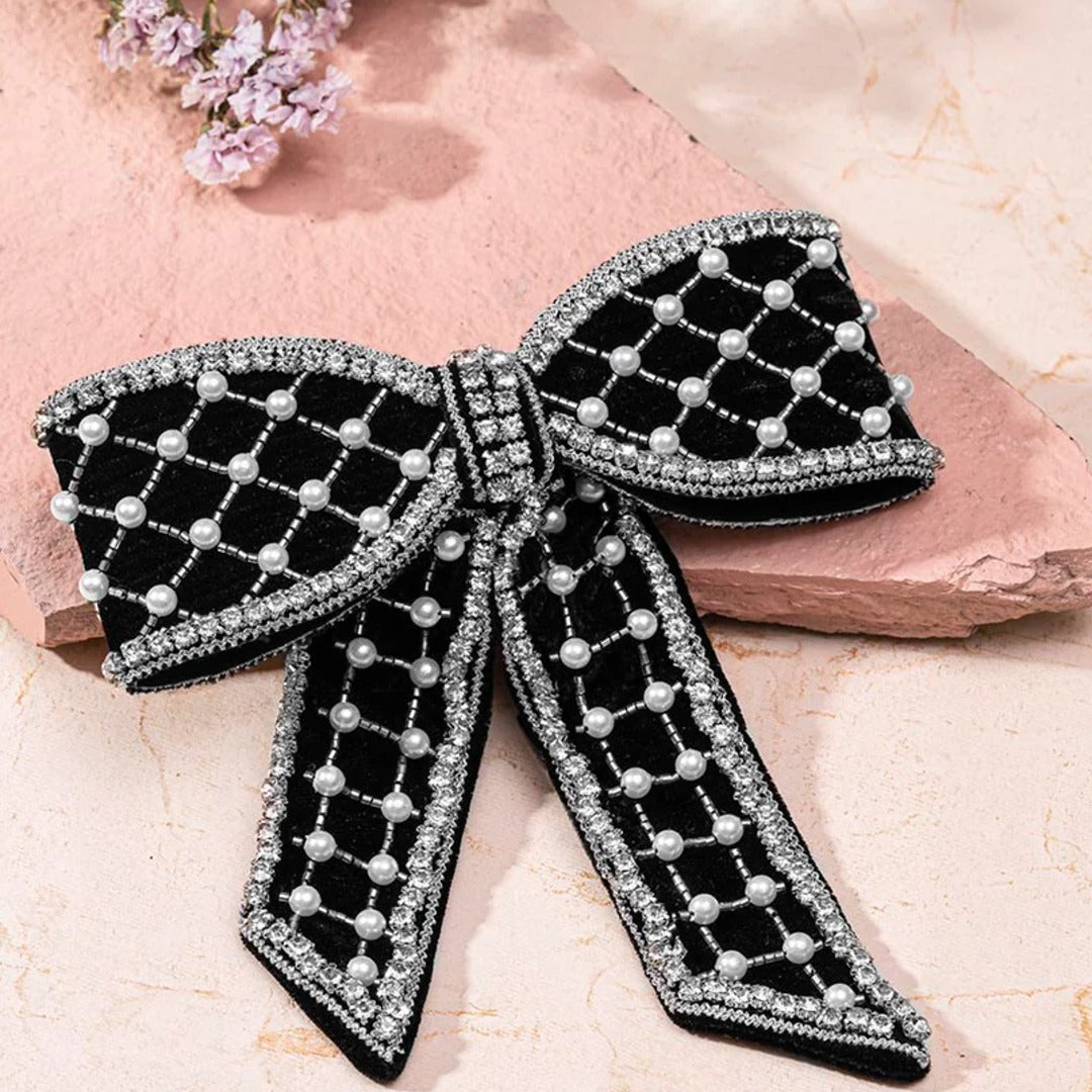 Glamorous Black Velvet Hair Bow with Accents