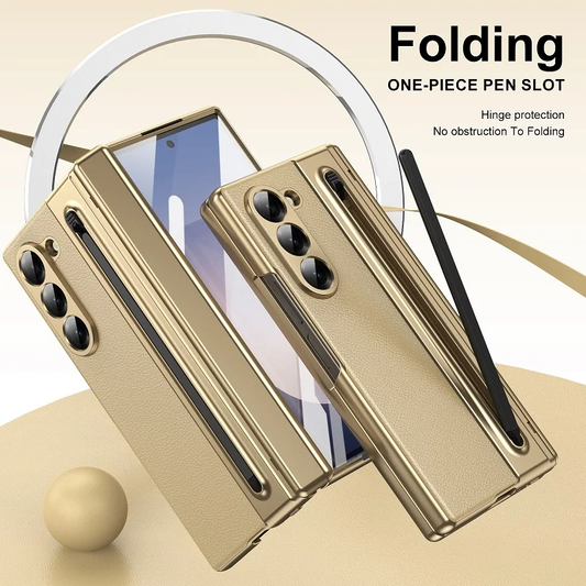 Galaxy Z Fold6 Plating Leather Case with Pen Slot & Hinge Protection