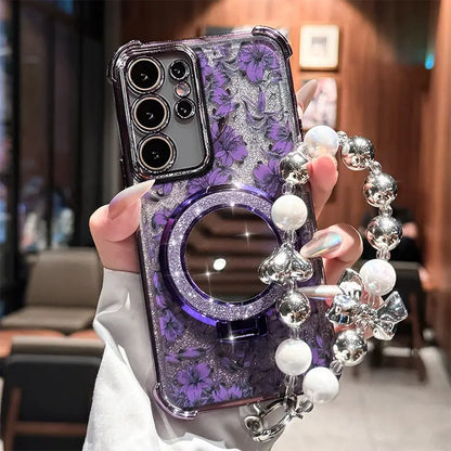Bloom Glitter Mirror Stand Case With Charm - Samsung