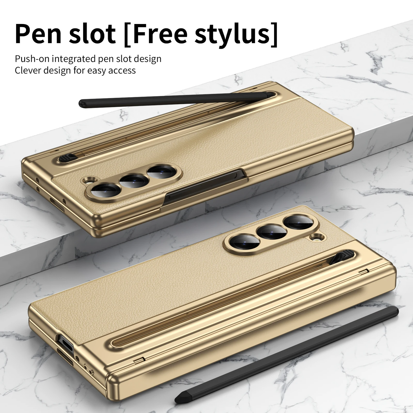 Galaxy Z Fold6 Plating Leather Case with Pen Slot & Hinge Protection