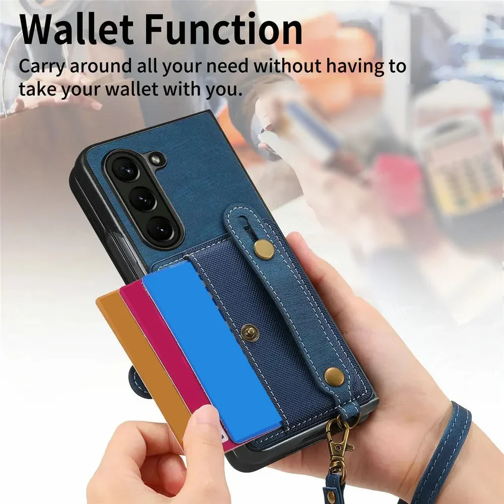 Galaxy Z Fold Series Wrist Strap Leather Wallet Case