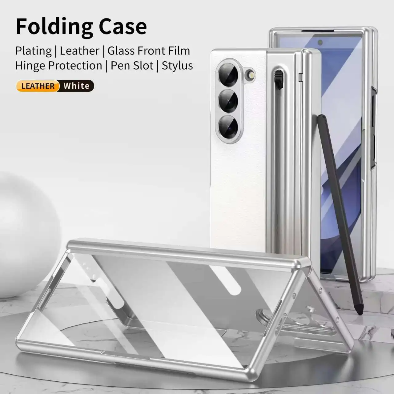 Galaxy Z Fold6 Plating Leather Case with Pen Slot & Hinge Protection