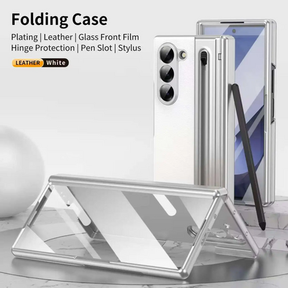 Galaxy Z Fold6 Plating Leather Case with Pen Slot & Hinge Protection