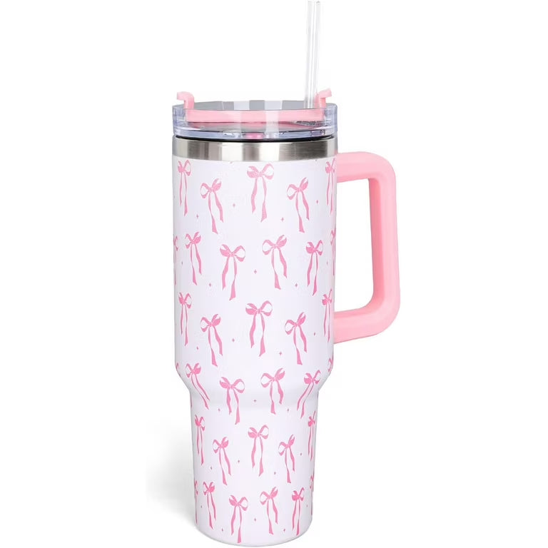 Delicate Ribbon Print Tumbler with Ergonomic Handle