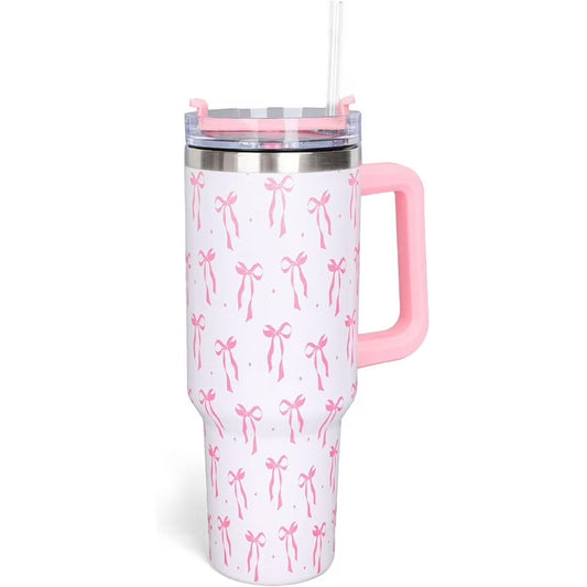 Delicate Ribbon Print Tumbler with Ergonomic Handle