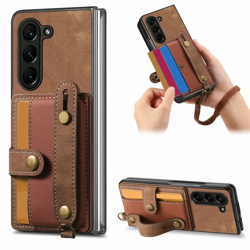 Galaxy Z Fold Series Wrist Strap Leather Wallet Case