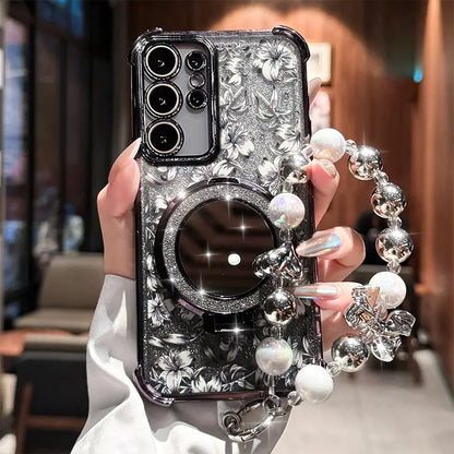 Bloom Glitter Mirror Stand Case With Charm - Samsung