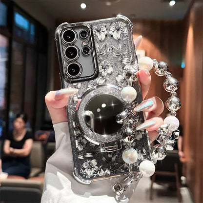 Bloom Glitter Mirror Stand Case With Charm - Samsung