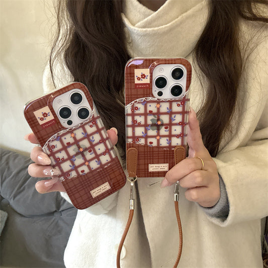 Checkered Style Floral Pattern Case with Lanyard