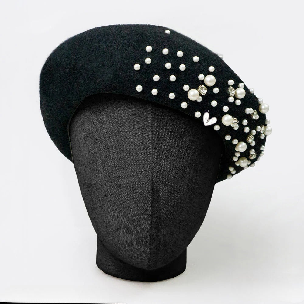 Pearl Embellished Black Beret