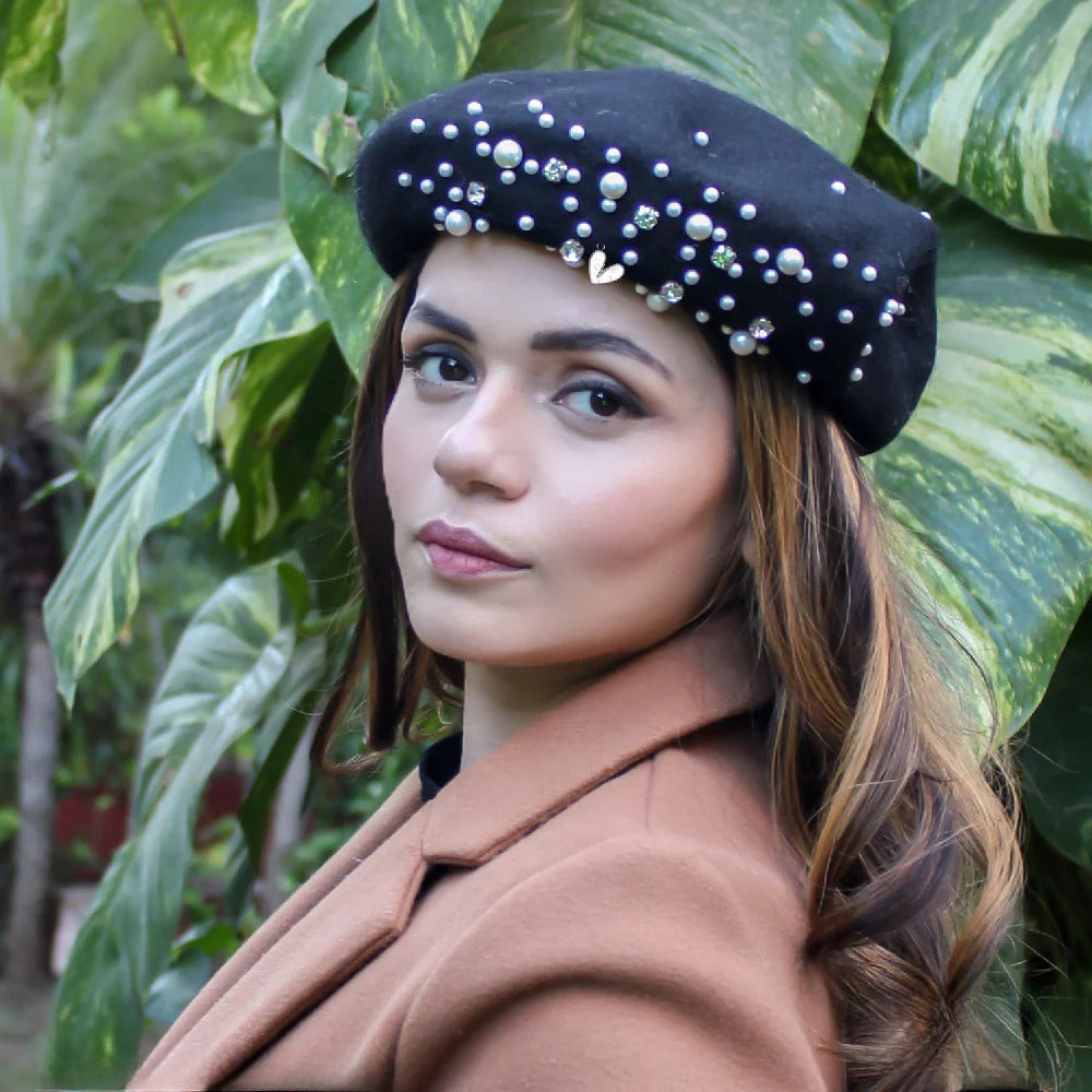 Pearl Embellished Black Beret