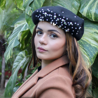 Pearl Embellished Black Beret