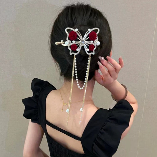 Ruby Pearl Winged Tassel Hairpin