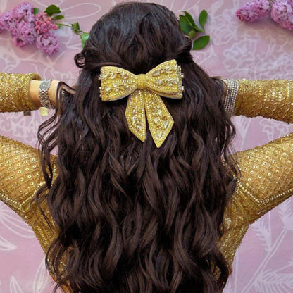 Chic Golden Hair Bow Clip with Sparkling Crystals