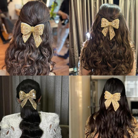 Chic Golden Hair Bow Clip with Sparkling Crystals