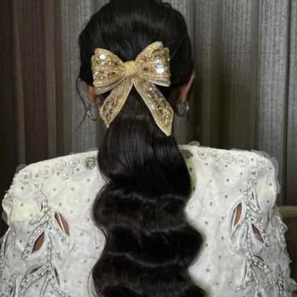 Chic Golden Hair Bow Clip with Sparkling Crystals