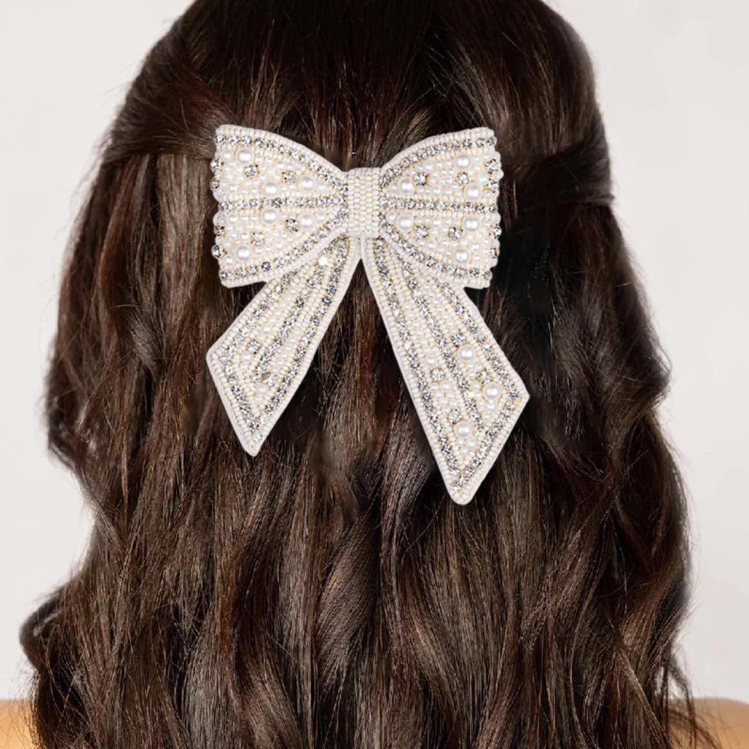 Radiant Crystal Bow Hair Barrette - Silver Sparkle