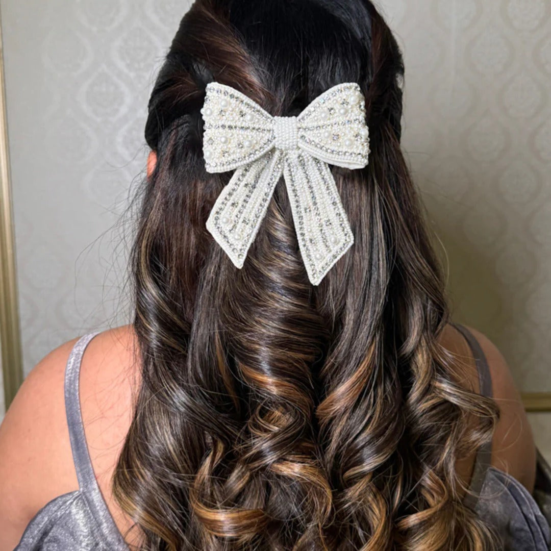 Radiant Crystal Bow Hair Barrette - Silver Sparkle
