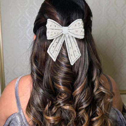 Radiant Crystal Bow Hair Barrette - Silver Sparkle
